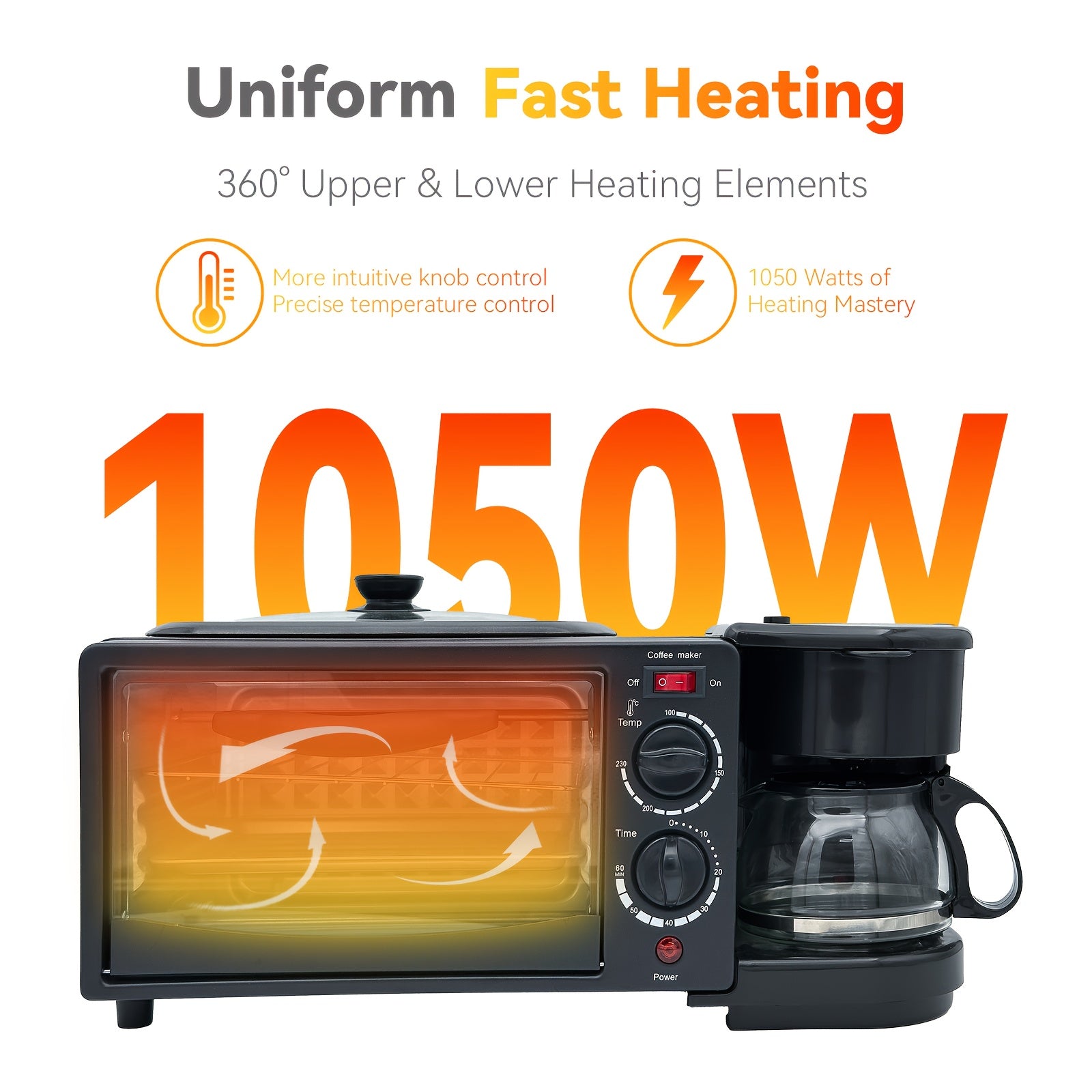 Breakfast Station 3 In 1, Mini Oven, Coffee Maker, Griddle, Breakfast Sandwich Maker, Versatile Breakfast Maker, Kitchen Appliances And Gadgets For Breakfast, Black, 1050W Electric Powerful Semi-Automatic Toaster Mini Oven Br