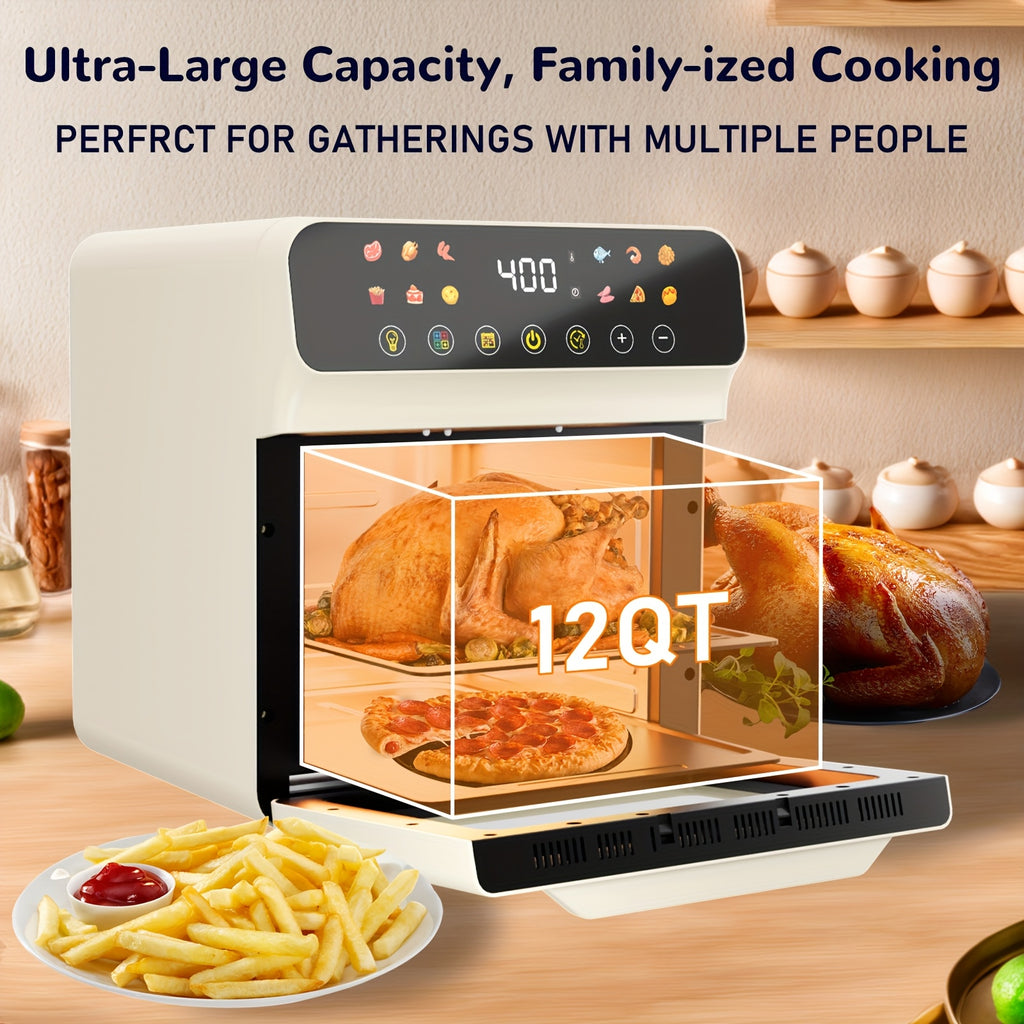 [Smart Air Fryer Oven] 12-in-1 Large 12-quart Air Fryer Oven | 12 One-Touch Preset Functions, Smart Cook Program, Two Baking Pan Accessories, Viewing Window, Interior Light, Adjustable Time & Temp, Oil-Free Family Cooker, Kit