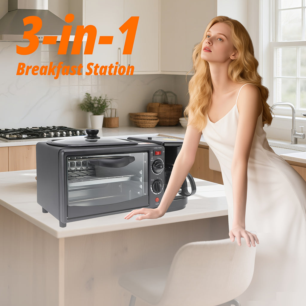 Breakfast Station 3 In 1, Mini Oven, Coffee Maker, Griddle, Breakfast Sandwich Maker, Versatile Breakfast Maker, Kitchen Appliances And Gadgets For Breakfast, Black, 1050W Electric Powerful Semi-Automatic Toaster Mini Oven Br