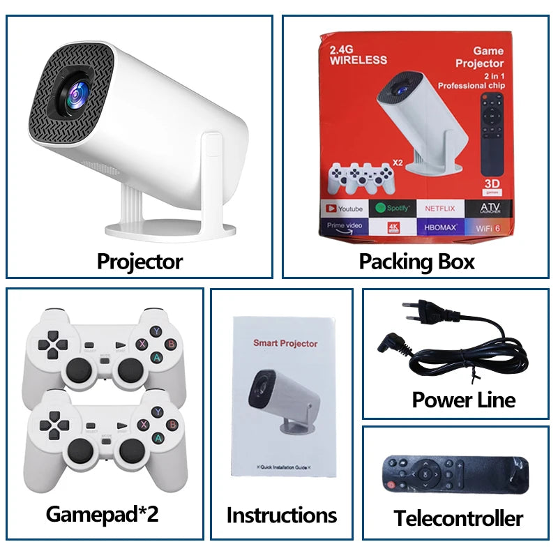 RUSMR P30 Max Projector HD 1080P Android 11 Proyector Video Game Console With 2 Wireless Game Controllers Built-in 3000 Games