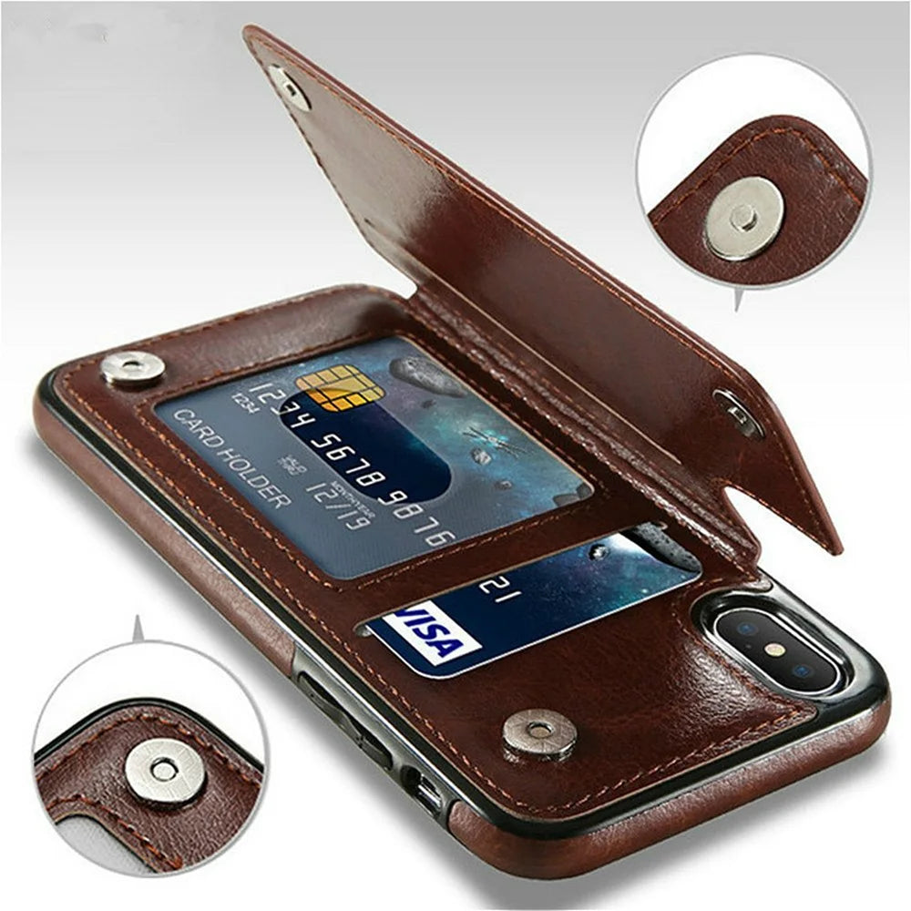 Leather Retro Card Holder Flip Cover for iPhone 11 12 13 14 15 16 Pro Max Mini Wallet Case XR X XS Max 8 7 Plus SE 2022 2020 16e