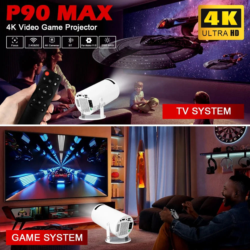 P90 Max Projector Game 4K HD 1080P Bluetooth-Compatible Androd11 Proyector W 2 Wireless Game Controllers Built-in 19000+ Games