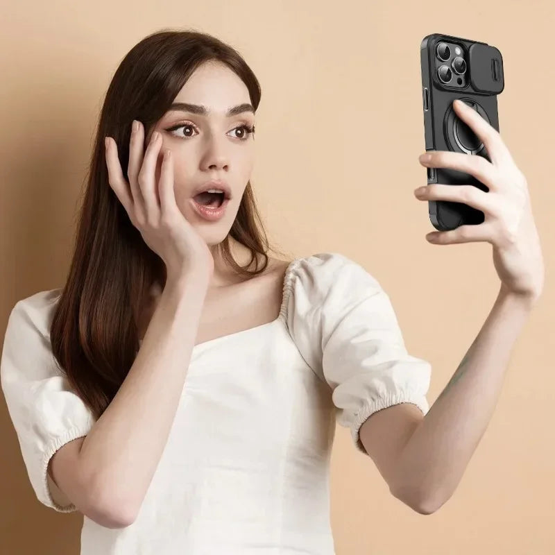 Luxury Heavy-Duty Rugged Armor Magnetic Bracket Case For iPhone 16 15 14 13 12 11 Pro Max Plus Slide Camera Protection PC Cover