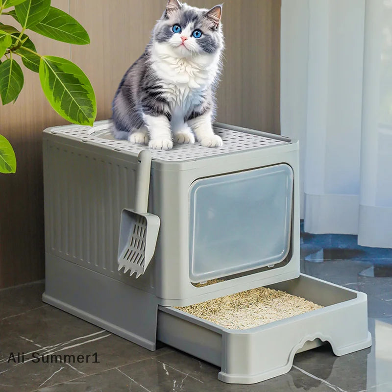 【E】Cat Litter Box With Scoop, Large Foldable Litter Box With Lid, Front Entry Top Exit Kitty Box, Odor Control