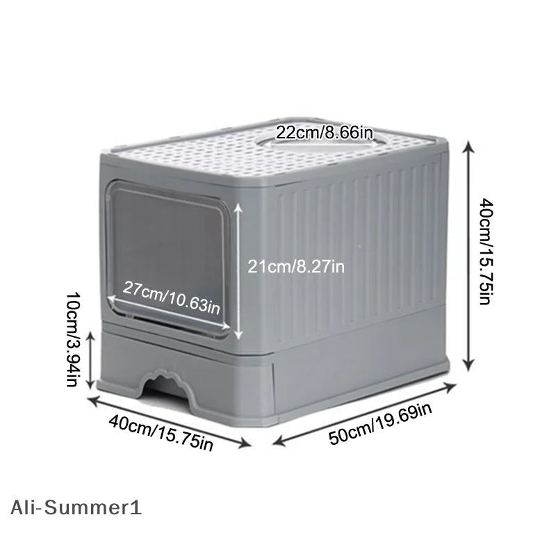 【E】Cat Litter Box With Scoop, Large Foldable Litter Box With Lid, Front Entry Top Exit Kitty Box, Odor Control