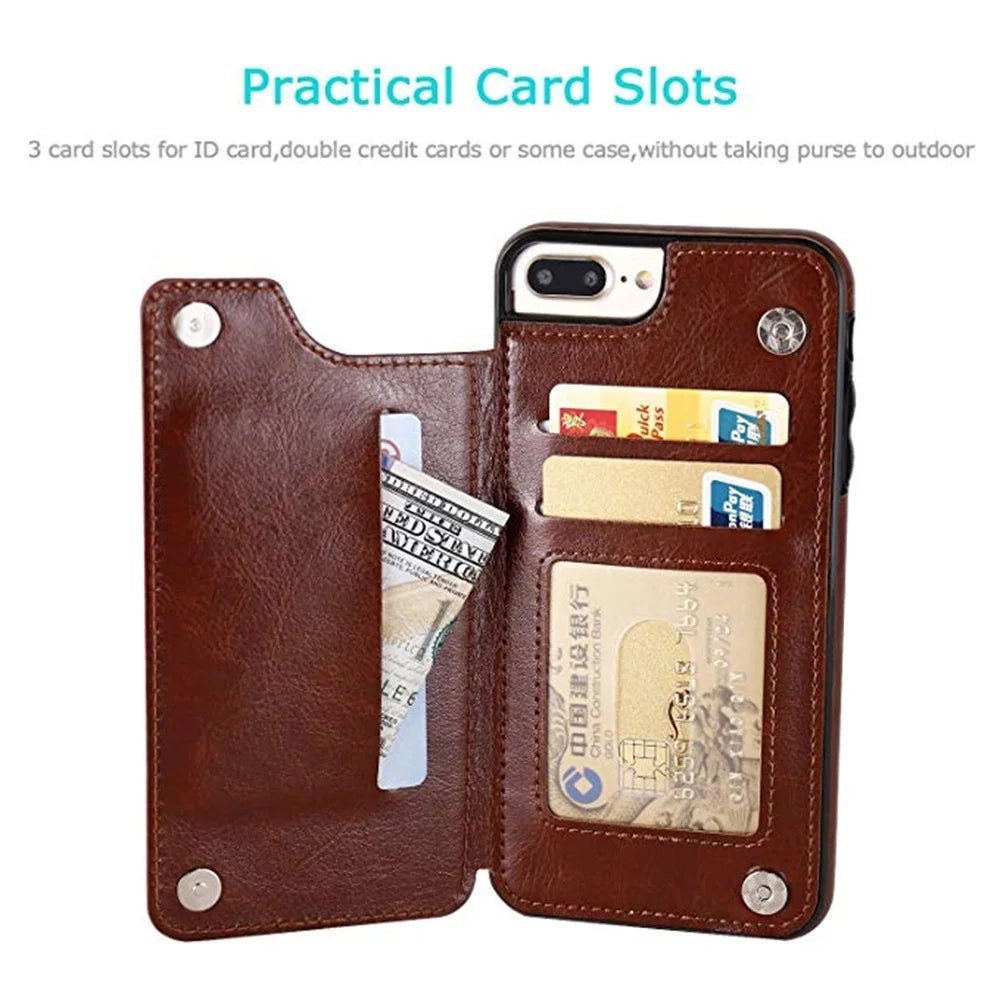 Leather Retro Card Holder Flip Cover for iPhone 11 12 13 14 15 16 Pro Max Mini Wallet Case XR X XS Max 8 7 Plus SE 2022 2020 16e