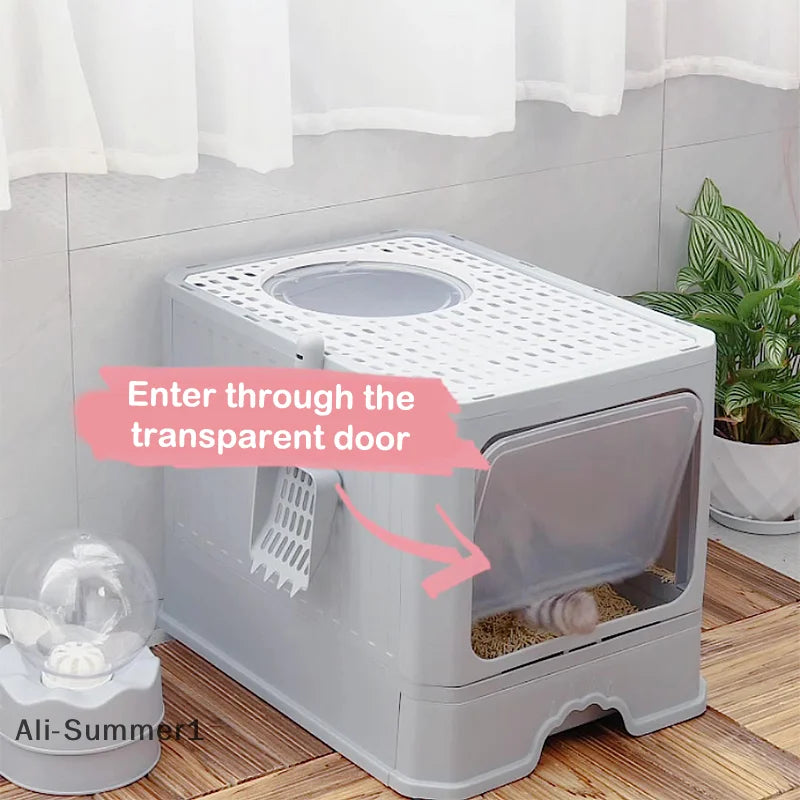 【E】Cat Litter Box With Scoop, Large Foldable Litter Box With Lid, Front Entry Top Exit Kitty Box, Odor Control