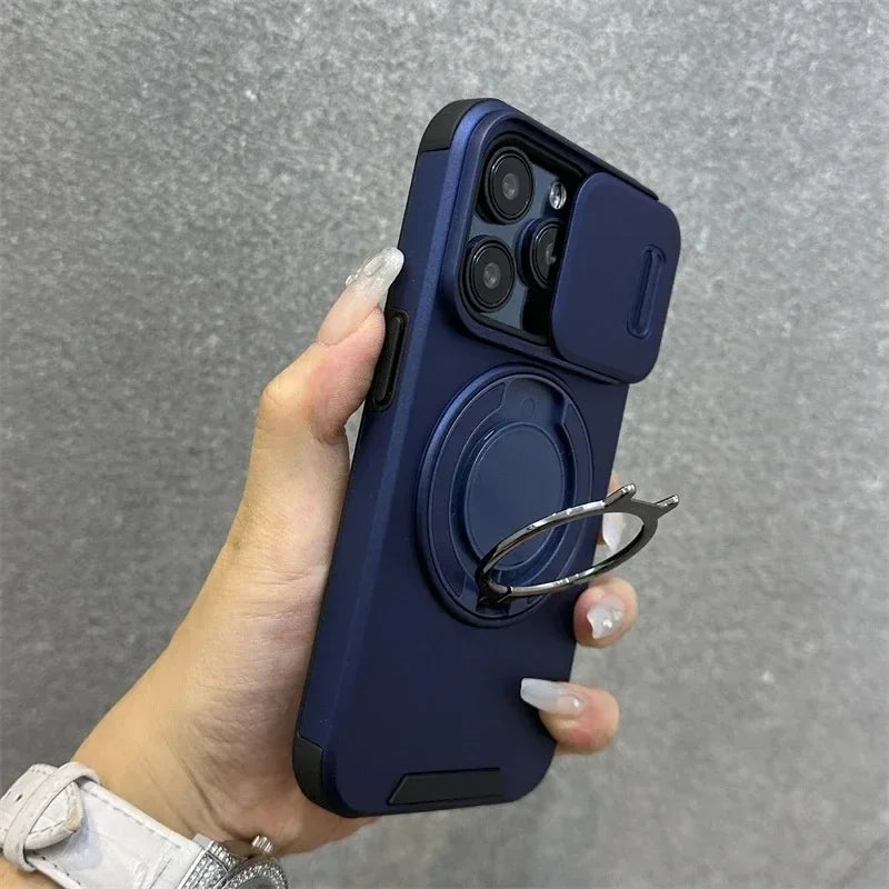 Luxury Heavy-Duty Rugged Armor Magnetic Bracket Case For iPhone 16 15 14 13 12 11 Pro Max Plus Slide Camera Protection PC Cover