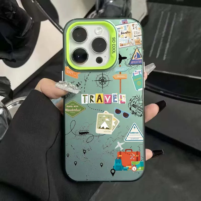 Cartoon Travel Graffiti Phone Case For iPhone 17 16 16e 15 14 13 12 11 Pro Max X XR XS Max 7 8 Plus Shockproof Hard Back Cover