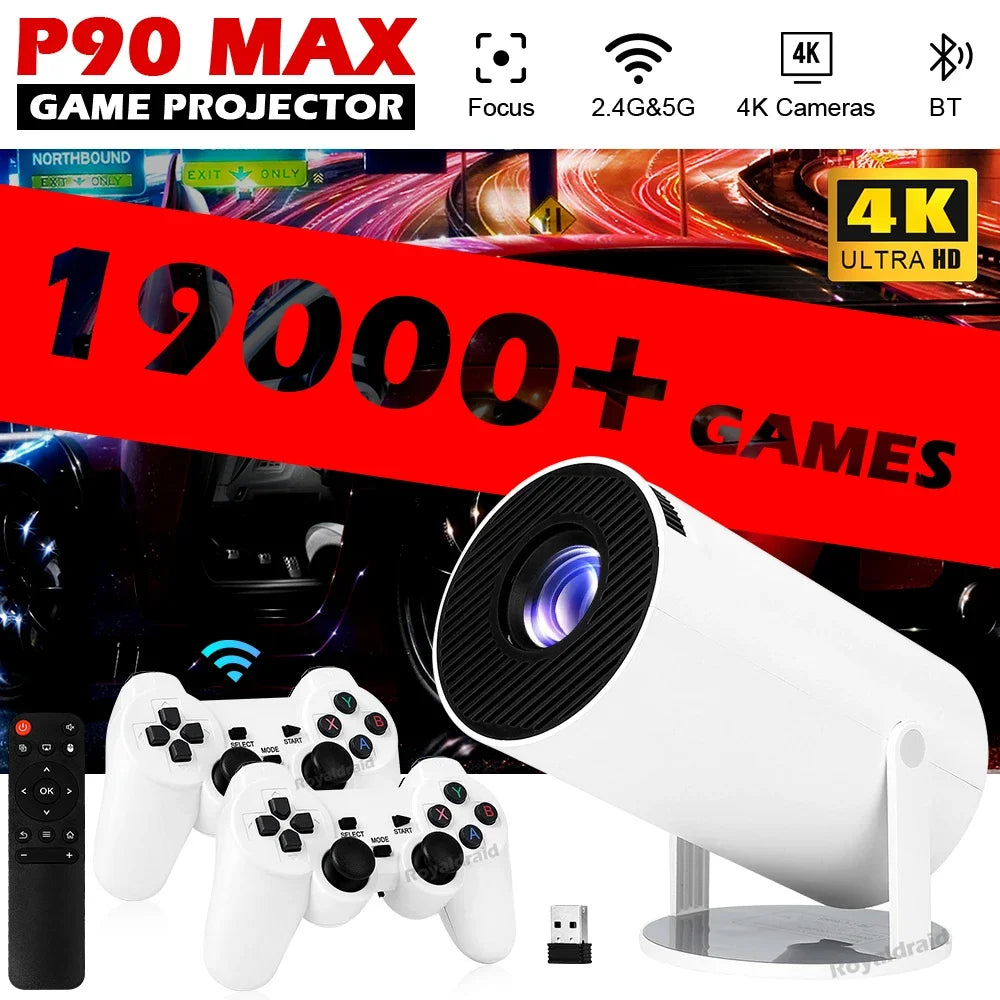 P90 Max Projector Game 4K HD 1080P Bluetooth-Compatible Androd11 Proyector W 2 Wireless Game Controllers Built-in 19000+ Games