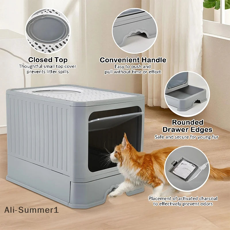 【E】Cat Litter Box With Scoop, Large Foldable Litter Box With Lid, Front Entry Top Exit Kitty Box, Odor Control