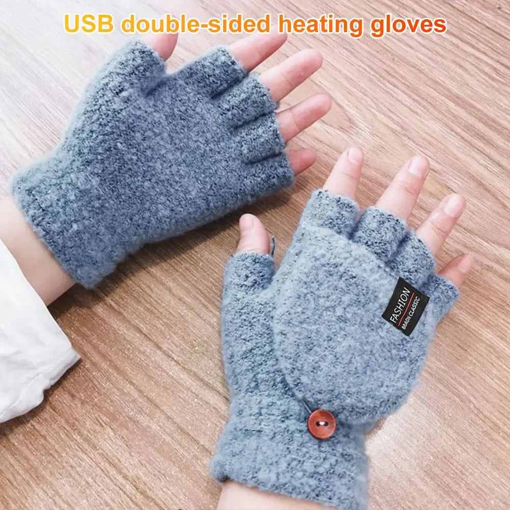 1 Pair USB 5V Electric Heated Gloves Winter Outdoor Heated Gloves Pure Color Mittens Double-Sided Heated Gloves Touchscreen