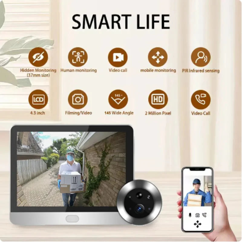 Battery-Mini Wifi Peephole 1080P 2.4G Automatic Sensing Door Eye Camera 4.3-inch Digital Access Control Video Door Chime