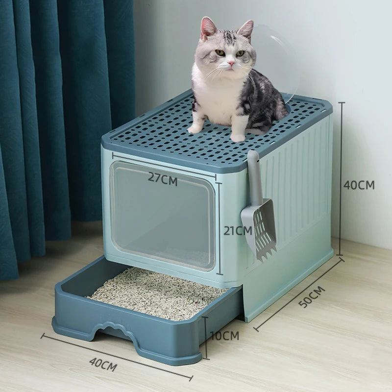 【E】Cat Litter Box With Scoop, Large Foldable Litter Box With Lid, Front Entry Top Exit Kitty Box, Odor Control