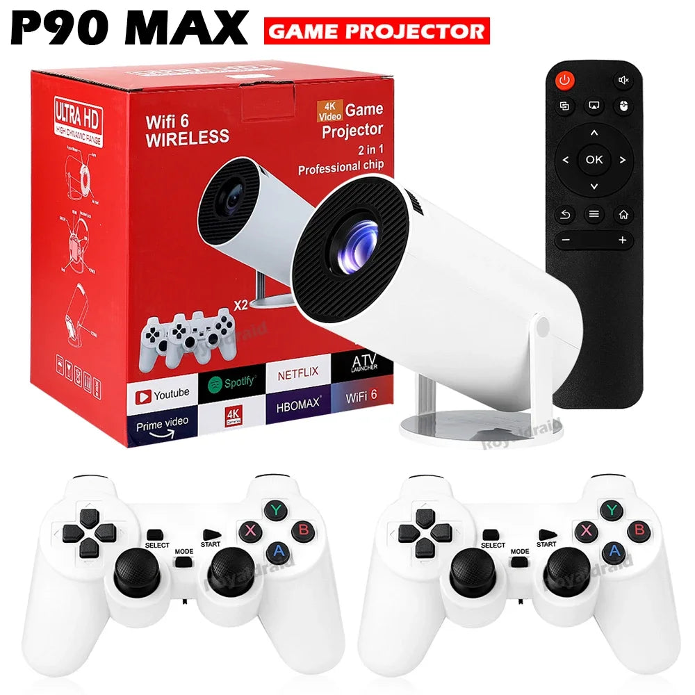 P90 Max Projector Game 4K HD 1080P Bluetooth-Compatible Androd11 Proyector W 2 Wireless Game Controllers Built-in 19000+ Games