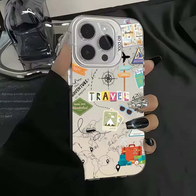 Cartoon Travel Graffiti Phone Case For iPhone 17 16 16e 15 14 13 12 11 Pro Max X XR XS Max 7 8 Plus Shockproof Hard Back Cover