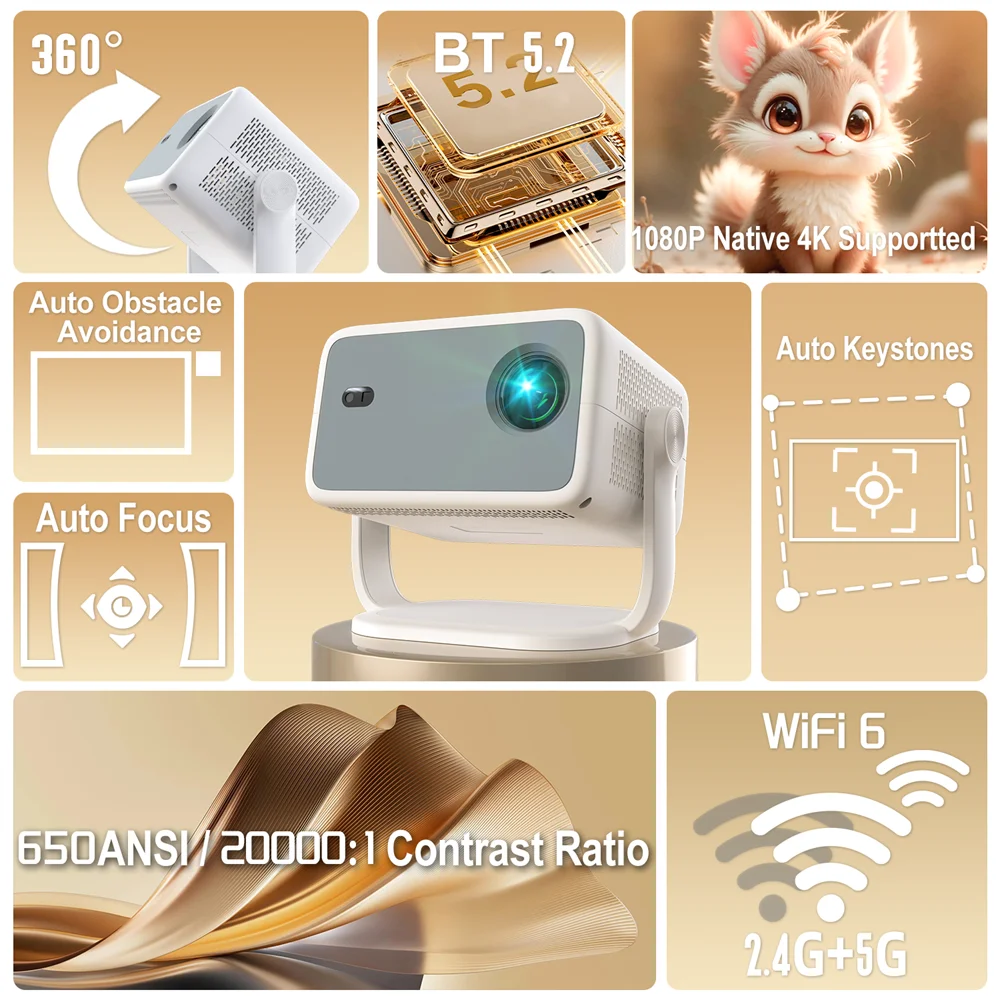 Velec Netflix Certification Projector Android 13 4K Native 1080P 650ANSI With Auto Focus Wifi6 BT5.2 360° Home Outdoor Projector