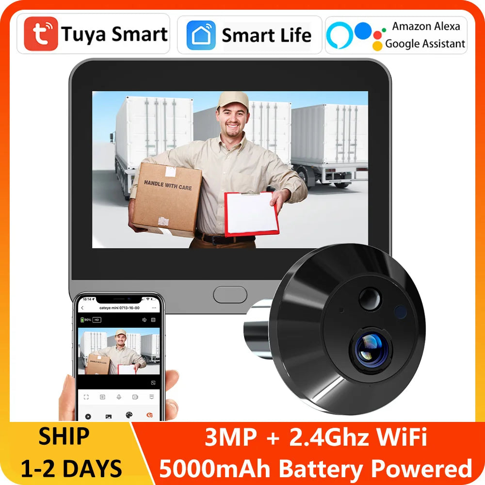 3MP Tuya Smart Life APP 2.4Ghz WiFi Digital Magic Eye Door Viewer Battery Powered Peephole Camera with 4.3inch Screen Monitor