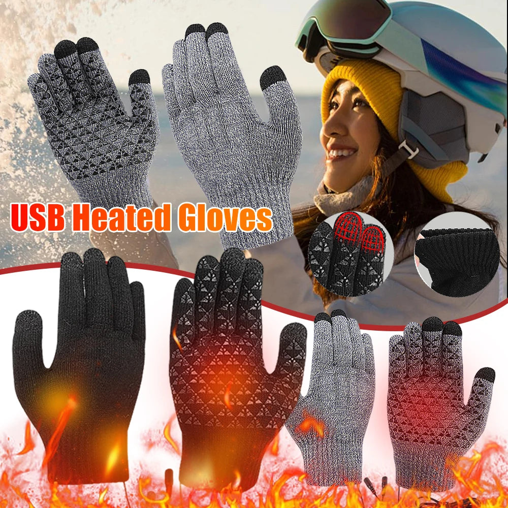 Electric Heating Gloves Men Women USB Heated Gloves Winter Motorcycle Skiing Snowboarding Touch Screen Full Finger Snow Gloves