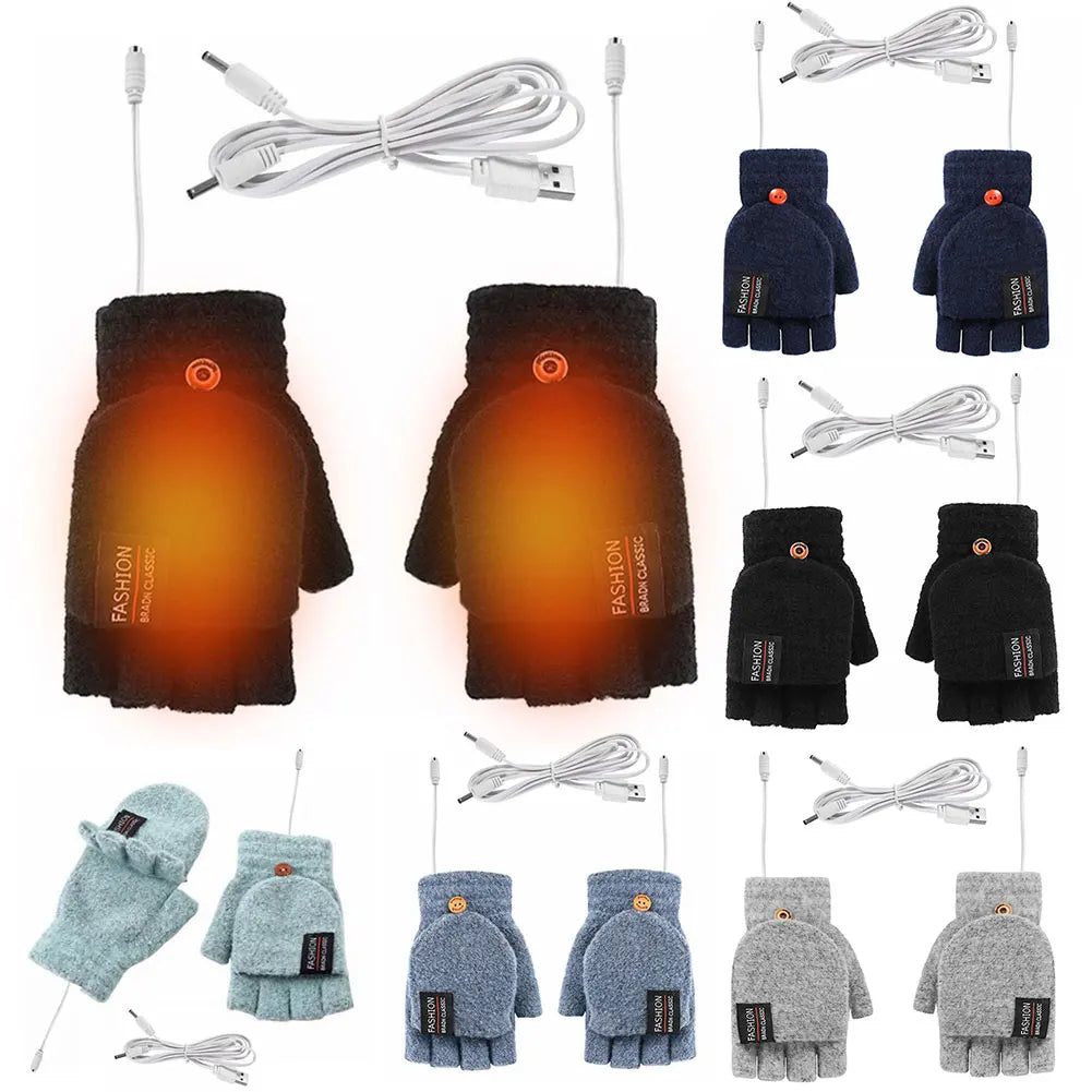 1 Pair USB 5V Electric Heated Gloves Winter Outdoor Heated Gloves Pure Color Mittens Double-Sided Heated Gloves Touchscreen