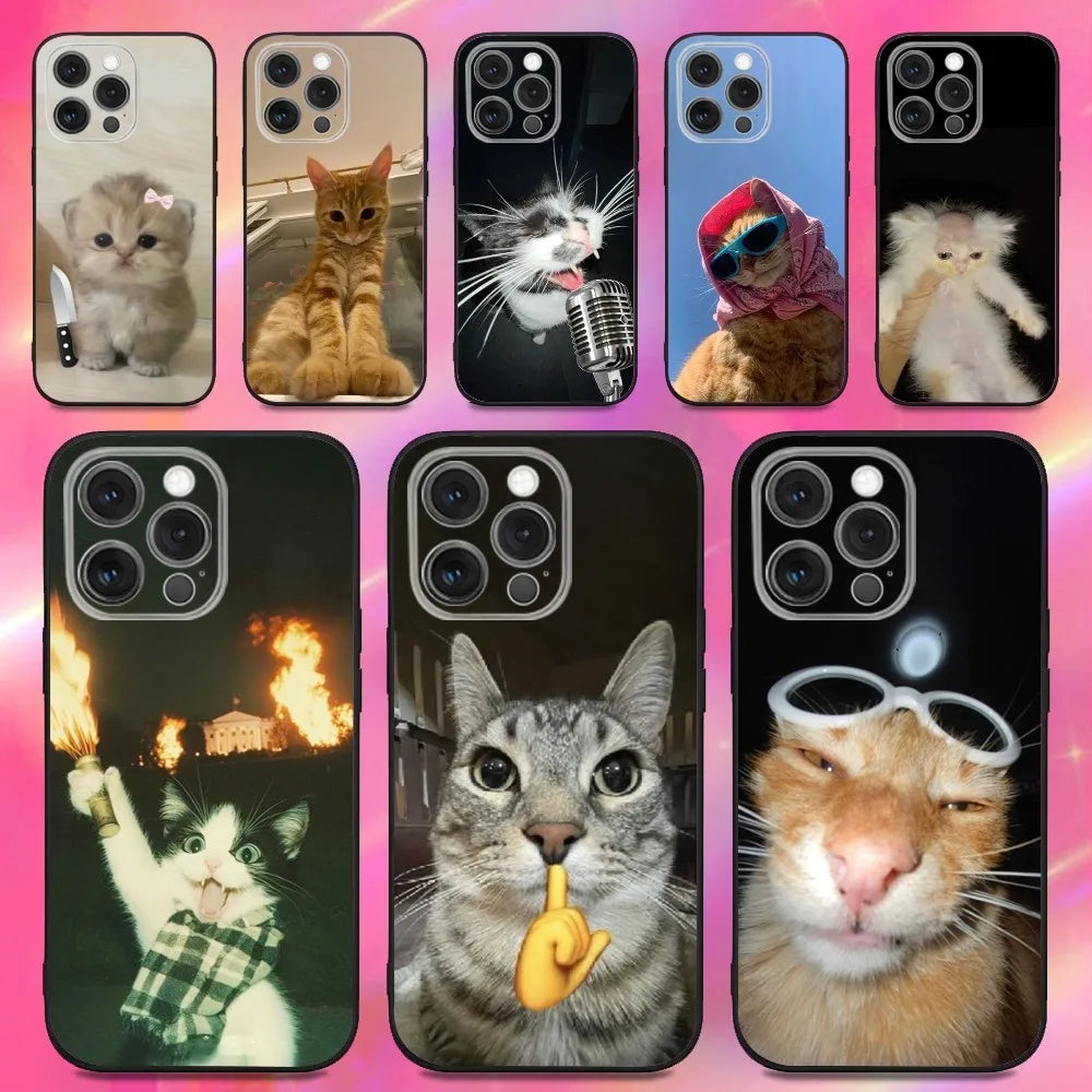 Funny Cute Cat Phone Case For iPhone 16 15 14 13 12 11 Pro Max Mini X XS SE 7 8 Plus 16E Shockproof Non-Slip Soft Back Cover