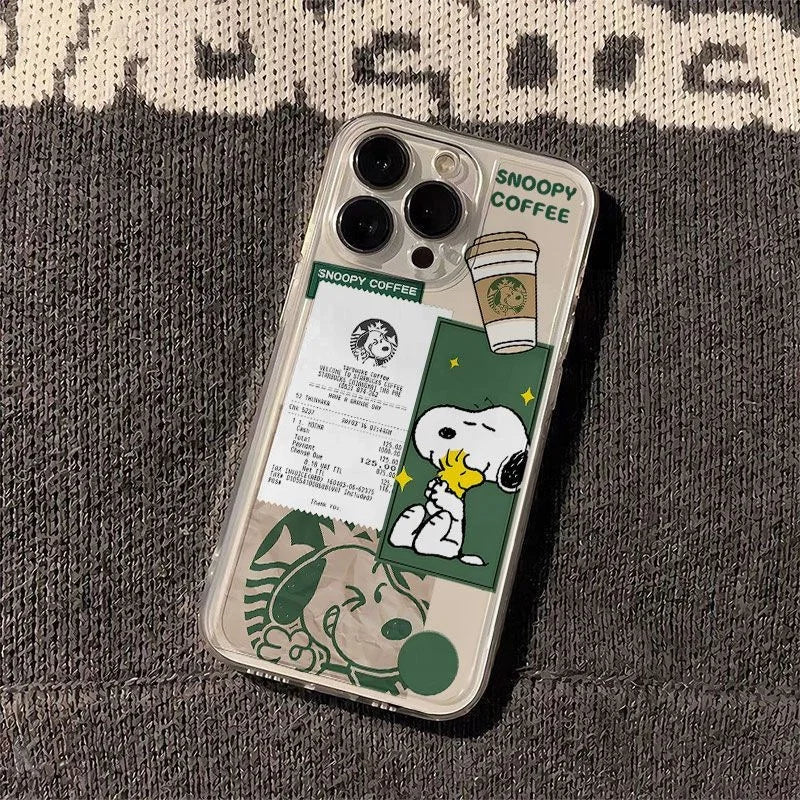 Cute Cartoon S-Snoopy coffee Clear Phone Case For iPhone 11 12 13 14 15 16 17 Pro Max 16 Plus Air XR X Funny Anti-Fall Cover﻿﻿