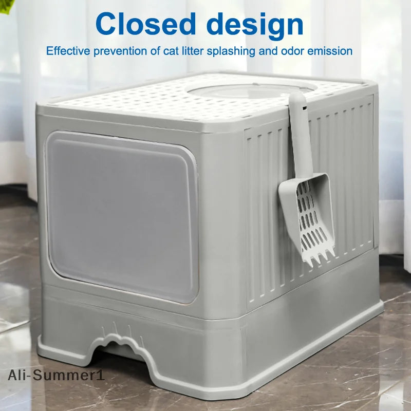 【E】Cat Litter Box With Scoop, Large Foldable Litter Box With Lid, Front Entry Top Exit Kitty Box, Odor Control