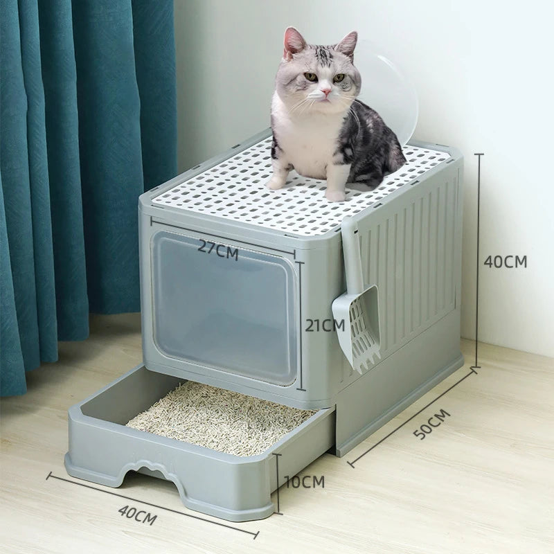 【E】Cat Litter Box With Scoop, Large Foldable Litter Box With Lid, Front Entry Top Exit Kitty Box, Odor Control