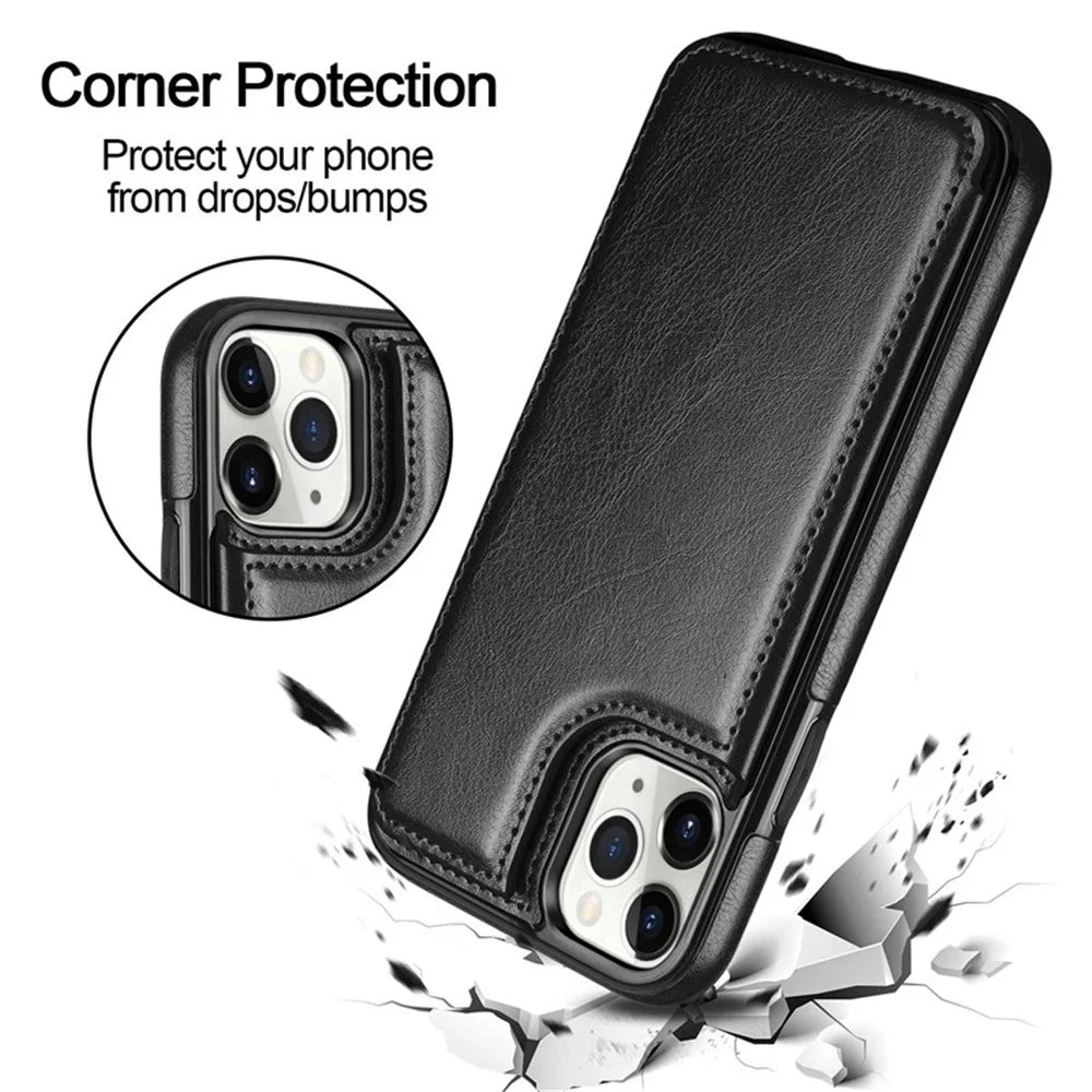 Leather Retro Card Holder Flip Cover for iPhone 11 12 13 14 15 16 Pro Max Mini Wallet Case XR X XS Max 8 7 Plus SE 2022 2020 16e