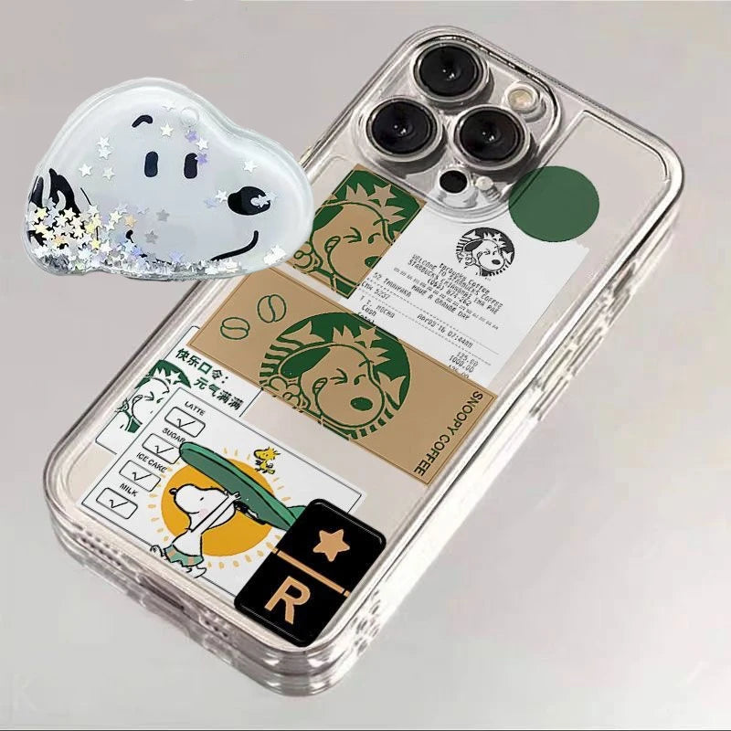 Cute Cartoon S-Snoopy coffee Clear Phone Case For iPhone 11 12 13 14 15 16 17 Pro Max 16 Plus Air XR X Funny Anti-Fall Cover﻿﻿
