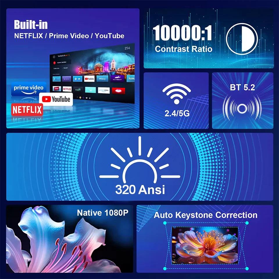 Home Projectors HY320 4K HD Android 11 Projector Native 1080P 320ANSI Wifi6 BT5.0 1280*720P Cinema Portable Outdoor Projetors