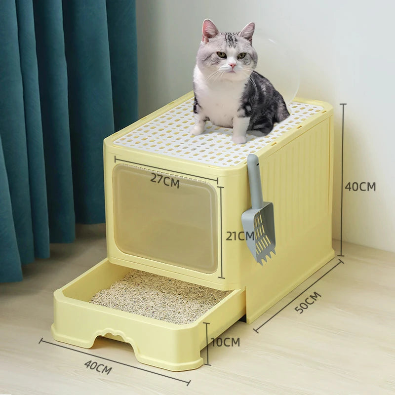 【E】Cat Litter Box With Scoop, Large Foldable Litter Box With Lid, Front Entry Top Exit Kitty Box, Odor Control