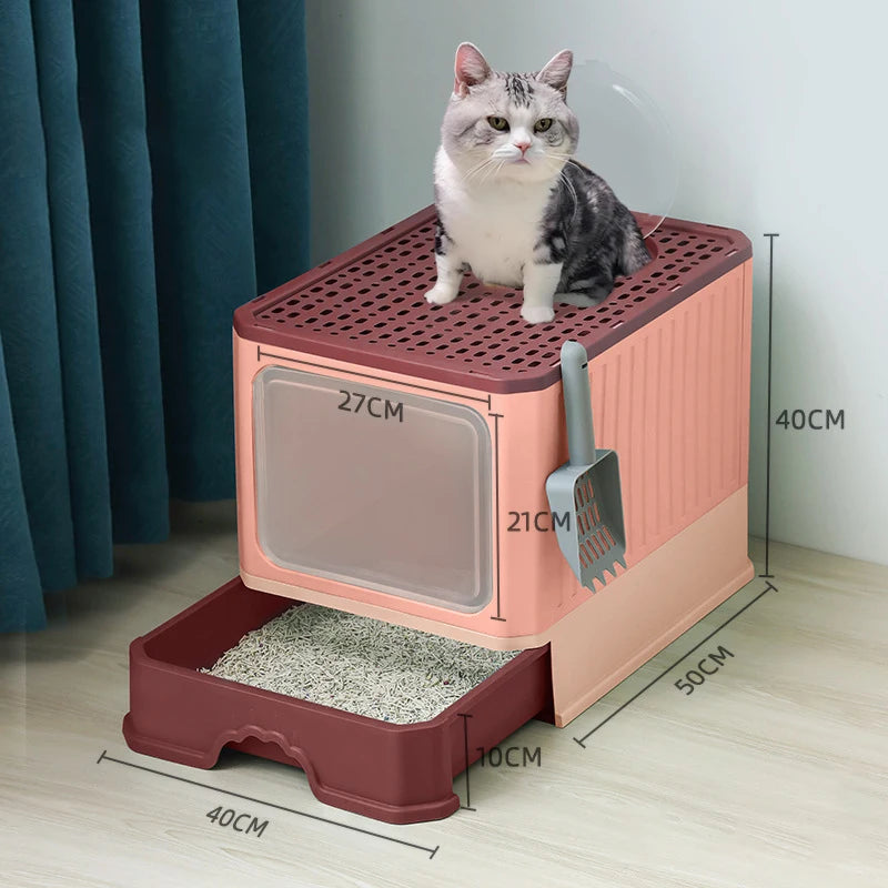【E】Cat Litter Box With Scoop, Large Foldable Litter Box With Lid, Front Entry Top Exit Kitty Box, Odor Control