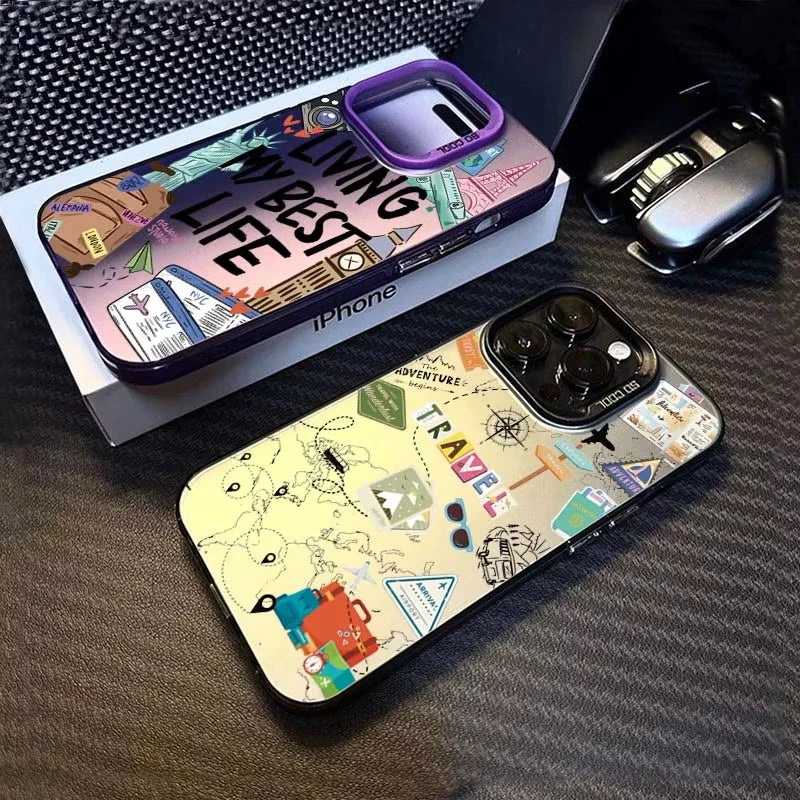 Cartoon Travel Graffiti Phone Case For iPhone 17 16 16e 15 14 13 12 11 Pro Max X XR XS Max 7 8 Plus Shockproof Hard Back Cover