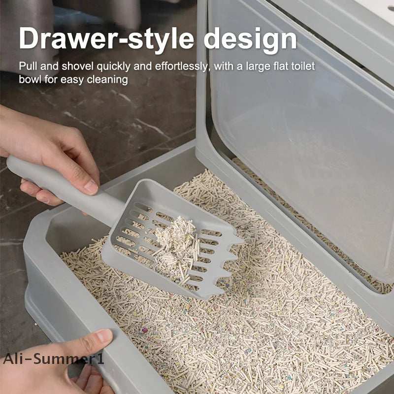 【E】Cat Litter Box With Scoop, Large Foldable Litter Box With Lid, Front Entry Top Exit Kitty Box, Odor Control