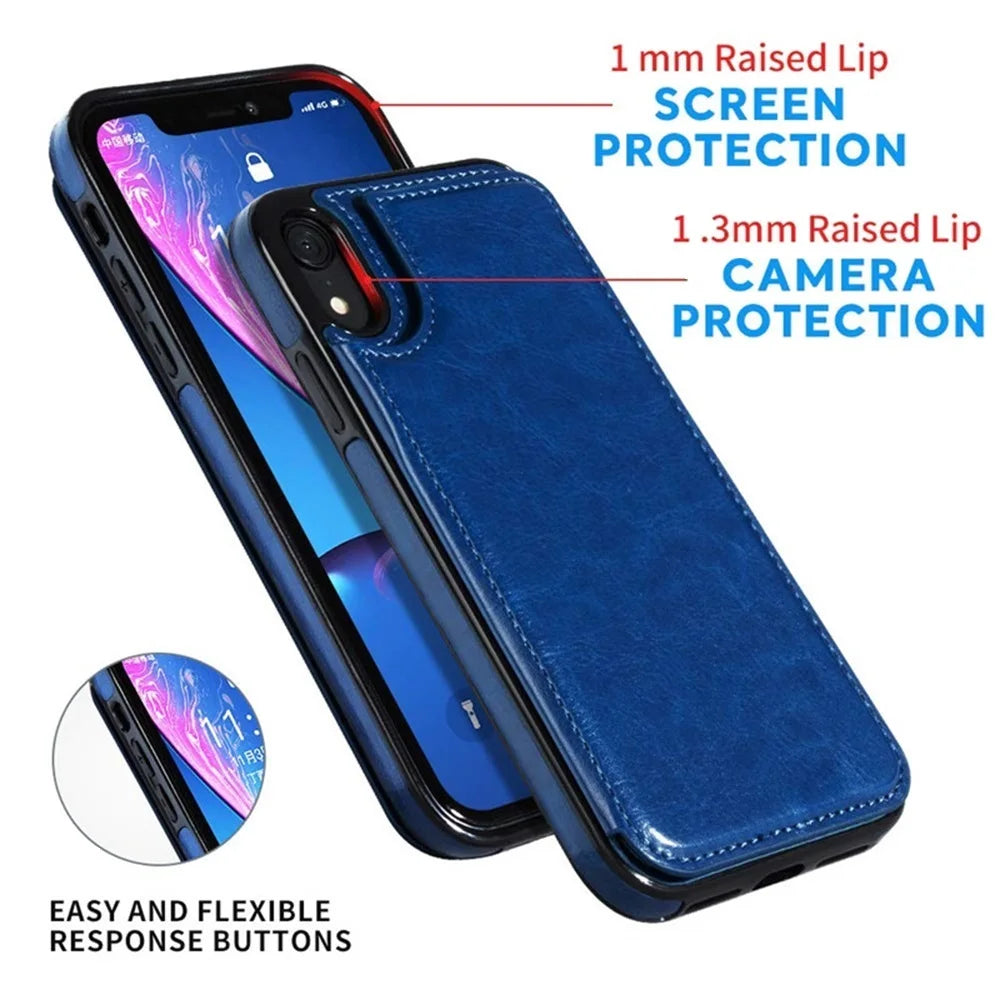 Leather Retro Card Holder Flip Cover for iPhone 11 12 13 14 15 16 Pro Max Mini Wallet Case XR X XS Max 8 7 Plus SE 2022 2020 16e