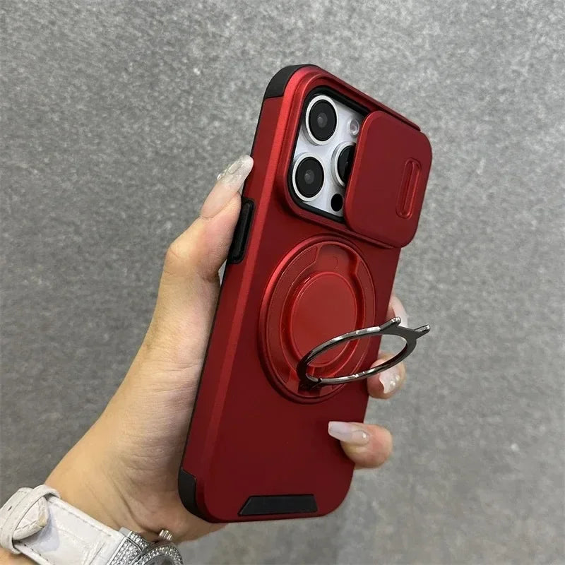 Luxury Heavy-Duty Rugged Armor Magnetic Bracket Case For iPhone 16 15 14 13 12 11 Pro Max Plus Slide Camera Protection PC Cover