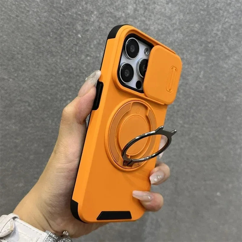 Luxury Heavy-Duty Rugged Armor Magnetic Bracket Case For iPhone 16 15 14 13 12 11 Pro Max Plus Slide Camera Protection PC Cover