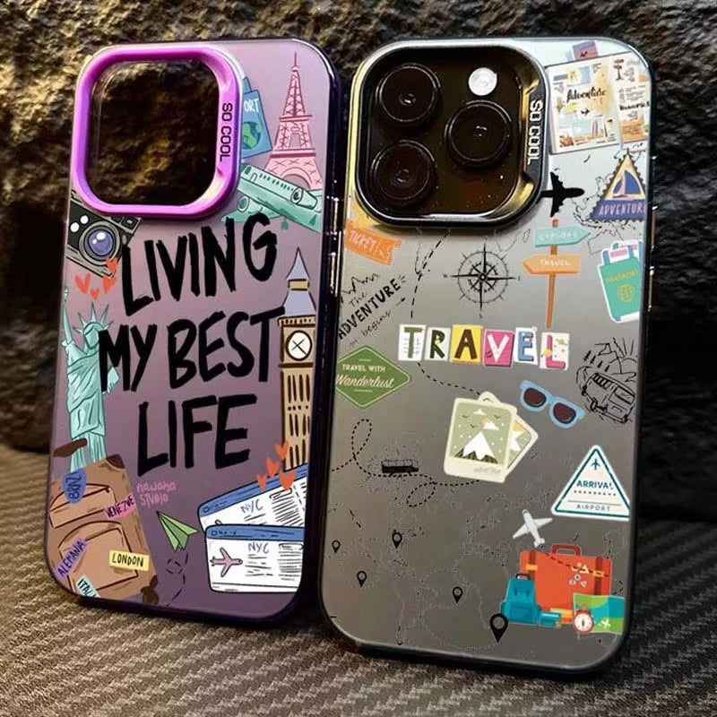 Cartoon Travel Graffiti Phone Case For iPhone 17 16 16e 15 14 13 12 11 Pro Max X XR XS Max 7 8 Plus Shockproof Hard Back Cover