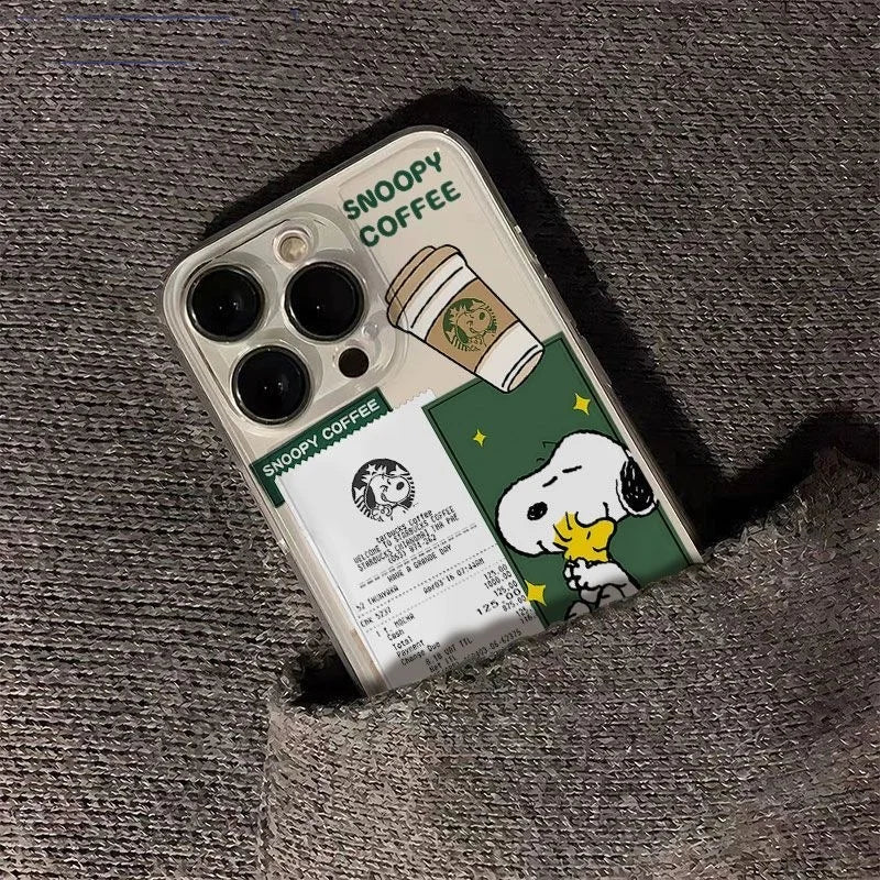 Cute Cartoon S-Snoopy coffee Clear Phone Case For iPhone 11 12 13 14 15 16 17 Pro Max 16 Plus Air XR X Funny Anti-Fall Cover﻿﻿