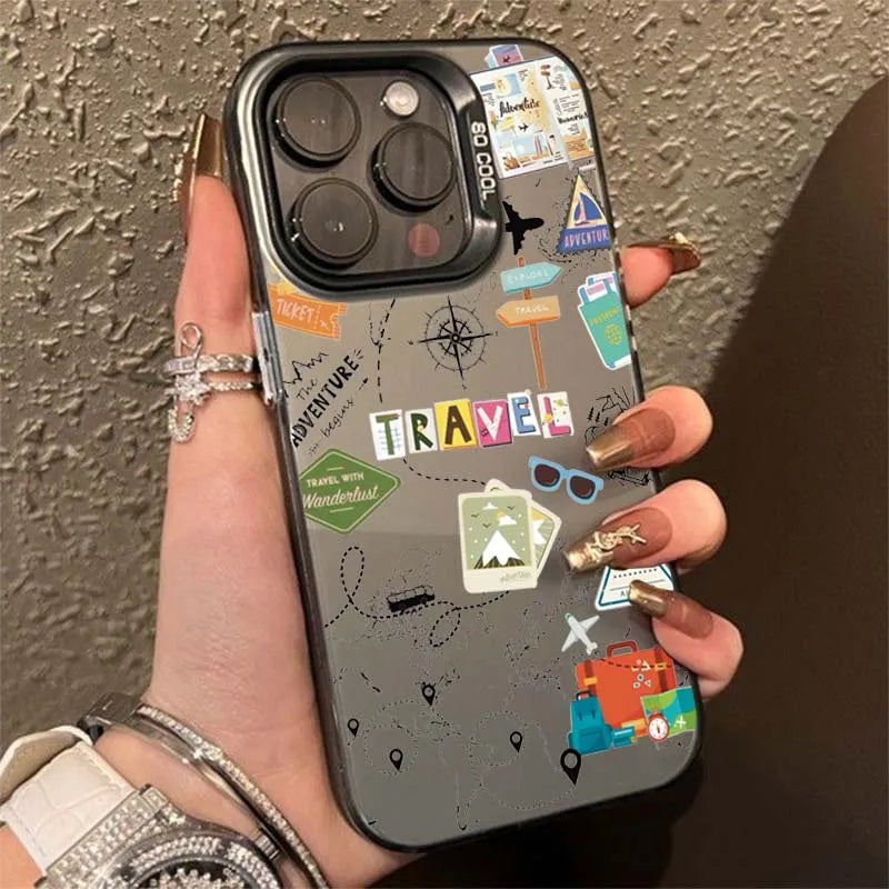 Cartoon Travel Graffiti Phone Case For iPhone 17 16 16e 15 14 13 12 11 Pro Max X XR XS Max 7 8 Plus Shockproof Hard Back Cover