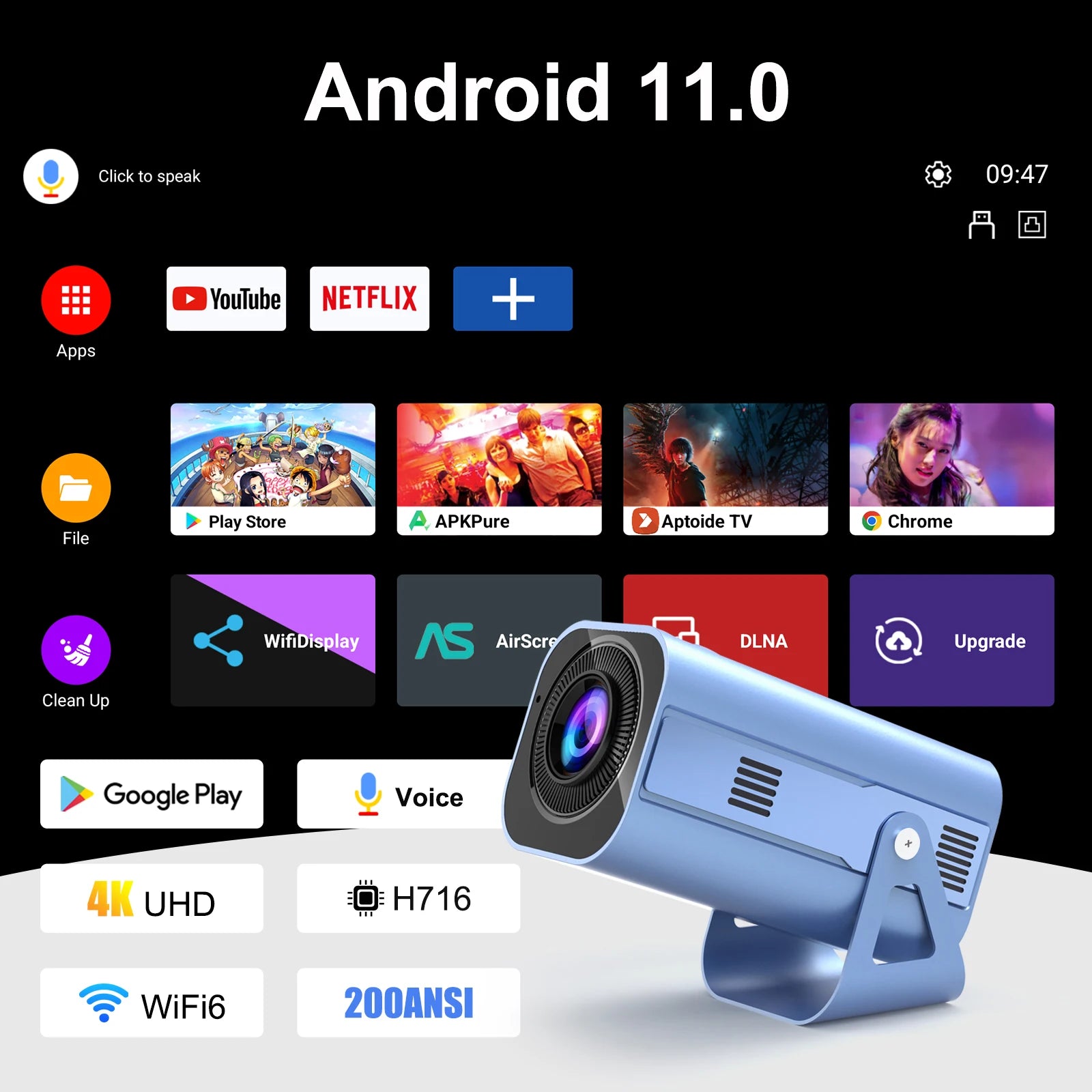 H96 MAX Projector B11 4K Android11 Dual Wifi6 200ANSI Allwinner H716 2GB 16GB BT5.0 1080P 1280*720P Home Cinema Outdoor Projetor