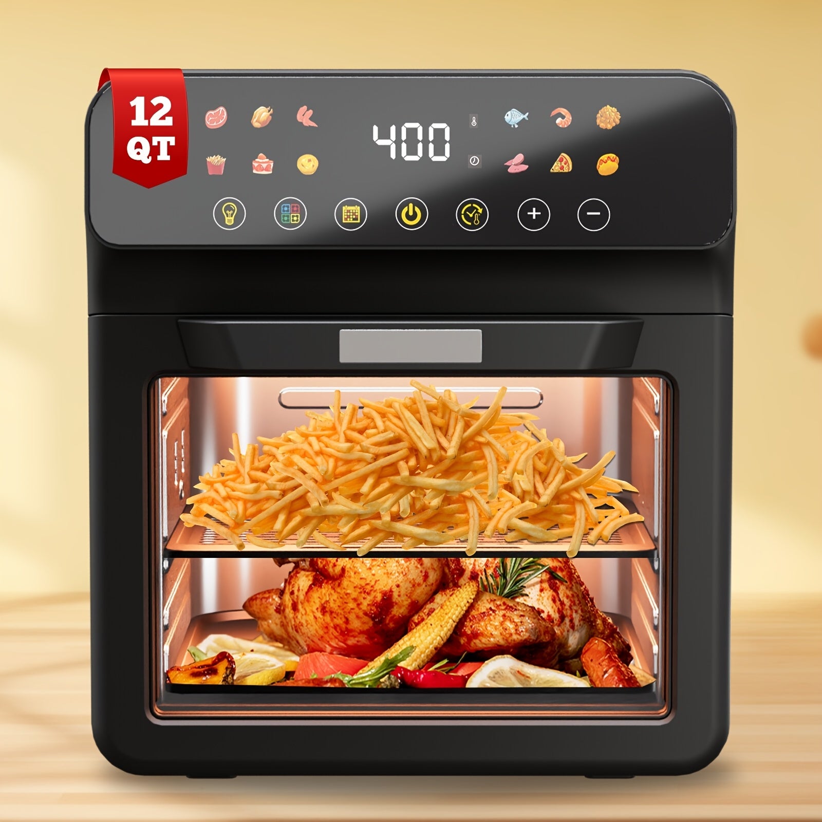 [Smart Air Fryer Oven] 12-in-1 Large 12-quart Air Fryer Oven | 12 One-Touch Preset Functions, Smart Cook Program, Two Baking Pan Accessories, Viewing Window, Interior Light, Adjustable Time & Temp, Oil-Free Family Cooker, Kit