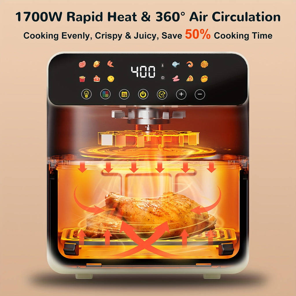 [Smart Air Fryer Oven] 12-in-1 Large 12-quart Air Fryer Oven | 12 One-Touch Preset Functions, Smart Cook Program, Two Baking Pan Accessories, Viewing Window, Interior Light, Adjustable Time & Temp, Oil-Free Family Cooker, Kit