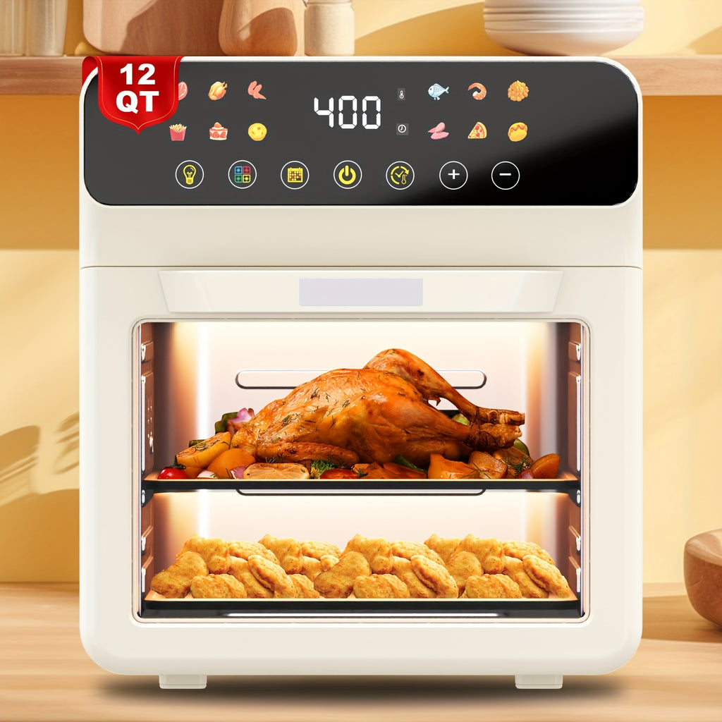 [Smart Air Fryer Oven] 12-in-1 Large 12-quart Air Fryer Oven | 12 One-Touch Preset Functions, Smart Cook Program, Two Baking Pan Accessories, Viewing Window, Interior Light, Adjustable Time & Temp, Oil-Free Family Cooker, Kit