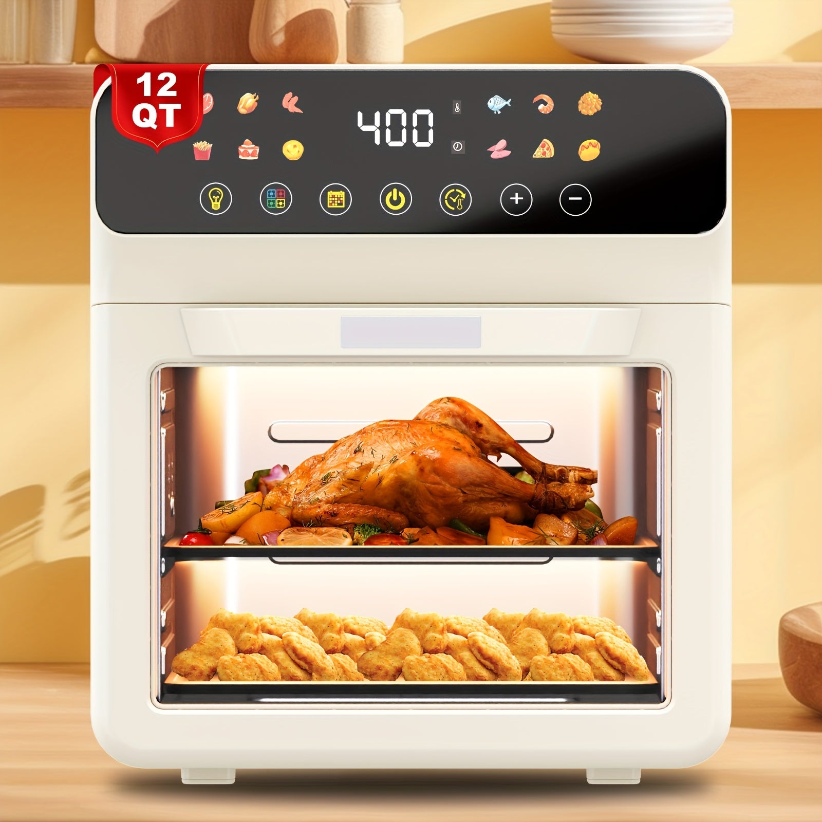 [Smart Air Fryer Oven] 12-in-1 Large 12-quart Air Fryer Oven | 12 One-Touch Preset Functions, Smart Cook Program, Two Baking Pan Accessories, Viewing Window, Interior Light, Adjustable Time & Temp, Oil-Free Family Cooker, Kit